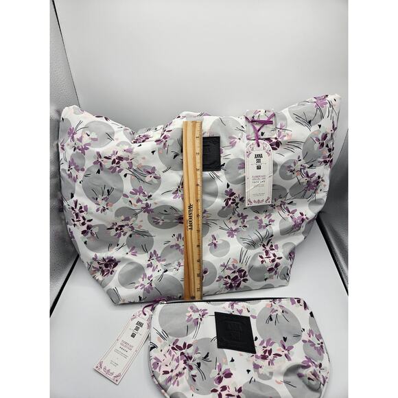 Anna Sui for PB Teen Flower Dot Collection Tote and Pouch NWT Gray Purple Floral - Picture 5 of 13
